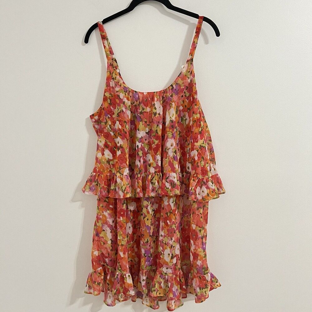 Oscar De La Renta Pink Label Floral Mini Ruffled Dress Size L Coquette Sheer‎